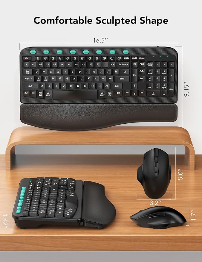 Wireless Keyboard and Mouse Combo – Ergonomic Wave Key, Built-in Leather Soft Palm Rest, 2.4G Full Size, 8 Hotkeys, 6-Button Mouse with 4-Level DPI, Dual USB-A/USB-C, Windows & macOS Compatible