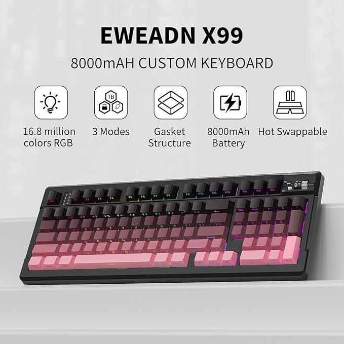 EWEADN X99 Wireless Mechanical Keyboard - 99 Keys, Three Mode Connectivity- BT5.0/2.4GHz/USB-C, Hot-Swappable PCB, Gasket Mount, 8000mAh Battery, PBT Double-Shot Keycaps, Berry Pink, Linear Switch