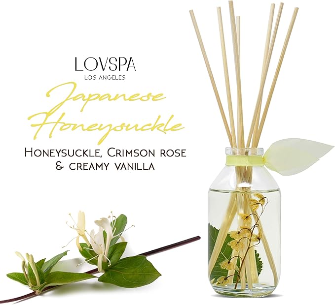 LOVSPA Reed Diffuser Set, Japanese Honeysuckle Scented Oil Diffuser with Sticks, Home Fragrance Accessories for Bathroom Shelf Decor, Aroma Diffusers for Home or Office Desk, USA Made