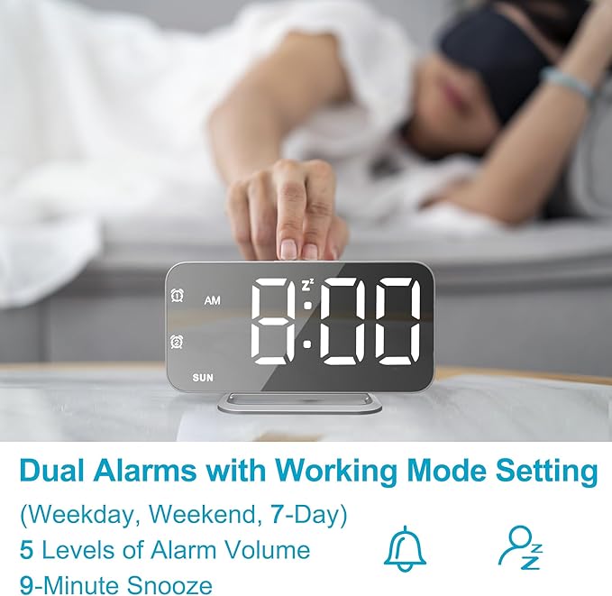 Slim LED Digital Alarm Clock, Mirror Surface for Makeup, with Diming, Large Display, Easy Setting, USB Ports, Modern Decor for Bedroom, Desk, Xmas, Birthday Gift for Women, Sister, Teen Girl, Silver