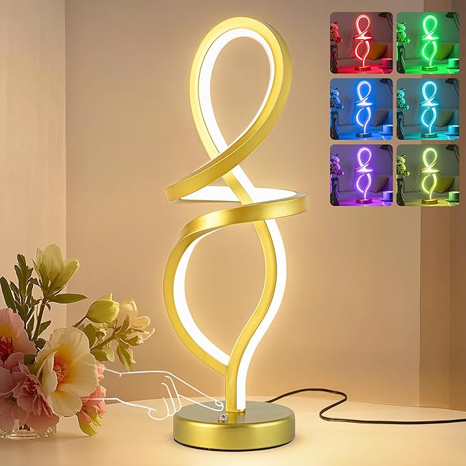 Mayful Modern RGB Table Lamp with LED Spiral Design, Gold Bedside Lamp & Nightstand Lamp, Touch Dimmable with 7 Colors & 10 Modes for Bedroom, Living Room, Home Office, 15W