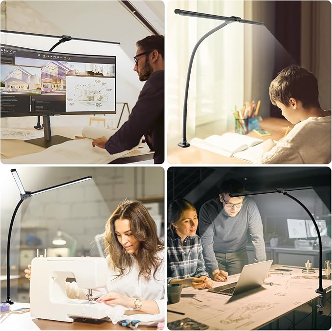 ShineTech LED Desk Lamp for Home Office, 3000K Warm White Double Head Architect Task Lamps with Clamp, Dimmable Adjustable Flexible Gooseneck, Black