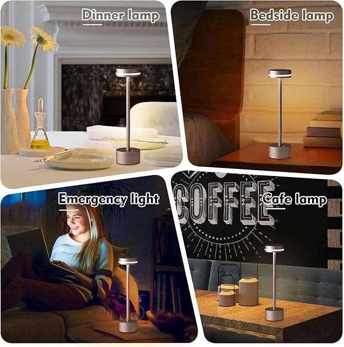 Modern LED Rechargeable Cordless Table Lamp with Touch Sensor, Aluminum Shell, 4000mAh Certified Battery, 3 Levels Brightness, USB-C Charging Port, 3000K Portable Metal Bedside Lamp (Brown)