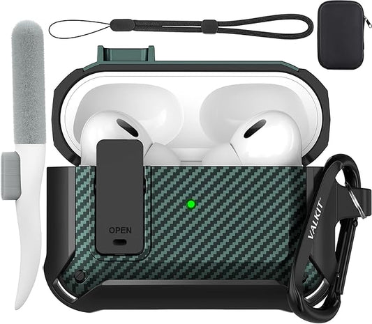 Valkit Armor Series Full-Body Shockproof Protective Case Cover for AirPods Pro 2nd/1st Generation Charging Case with Carabiner Keychain, LED Indicator, and Accessory Pouch