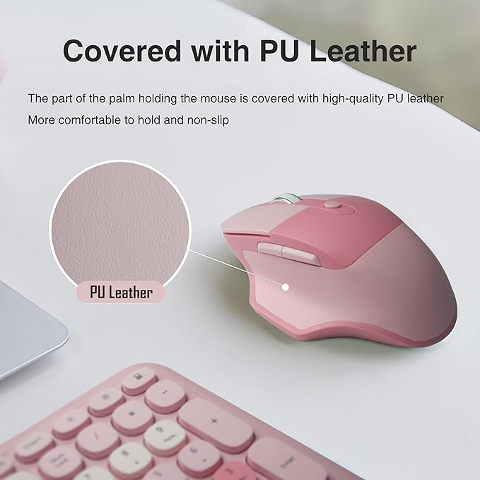 Wireless Ergonomic Keyboard and Mouse Combo with PU Wrist Rest, Carpal Tunnel Keyboard, 2.4G Colorful Split Ergo Keyboard, Comfortable Natural Typing, Compatible with PC/Laptop (Pink)