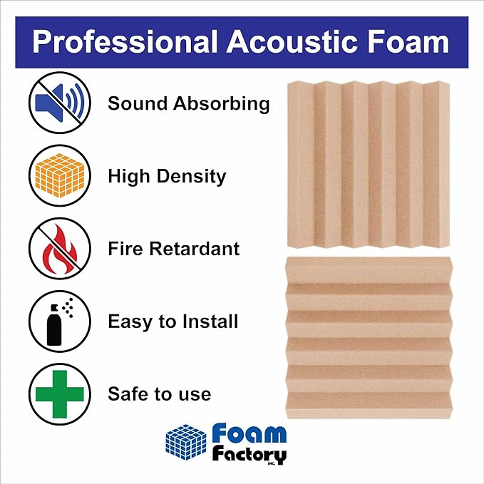 Foam Factory Inc 24 Pack Color Acoustic Foam Panel Studio Soundproofing Wedge Wall Tiles 12” X 12” X 2” (Rosy Beige)