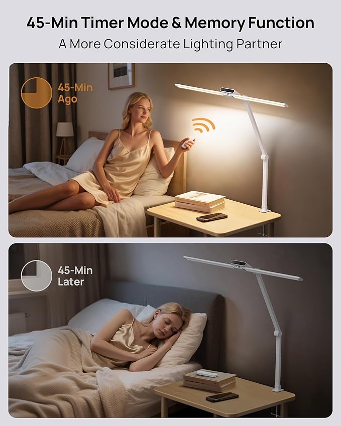 TROND LED Desk Lamp with Clamp - 360° Rotating Architect Desk Lamp for Home Office, 5 Color 5 Brightness Computer Monitor Light, 24W Bright Eye Caring, 45-min Timer with Remote for Table Study Work