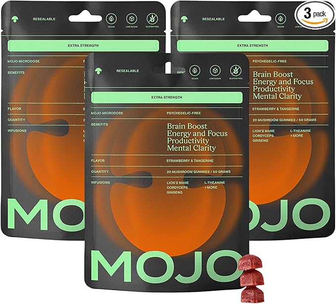 Mojo Focus Gummies with Lion’s Mane, Panax Ginseng, Ginger Root, Cordyceps, SAM-e, and Nootropics, Energy and Focus Supplement, Vegan, Strawberry Tangerine (20 Count - Pack of 3)