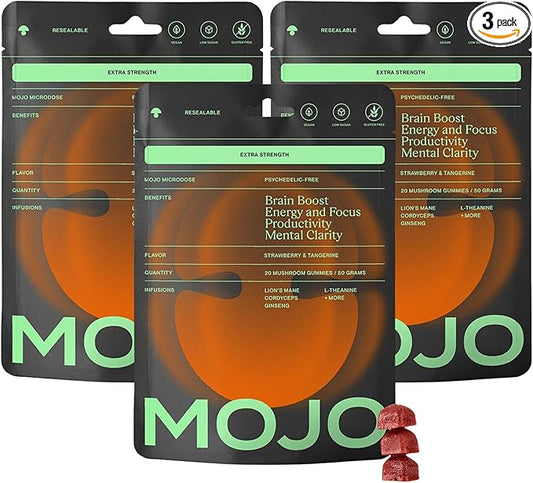 Mojo Focus Gummies with Lion’s Mane, Panax Ginseng, Ginger Root, Cordyceps, SAM-e, and Nootropics, Energy and Focus Supplement, Vegan, Strawberry Tangerine (20 Count - Pack of 3)