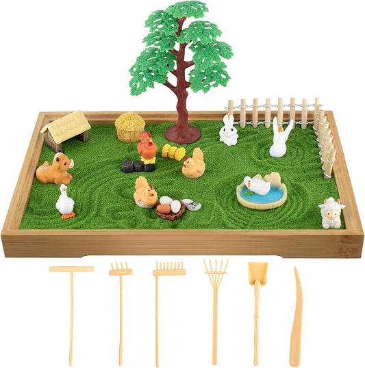 31 Pcs Zen Garden Kit for Desk, Mini Zen Sand Garden with Wooden Tray & Rake, Japanese Gift Set for Home, Office Desk Decor