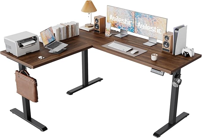 Agilestic 59 Inch L Shaped Standing Desk Adjustable Height, Electric Corner Standing Desk, Sit Stand Computer Table with Splice Board, Dark Walnut