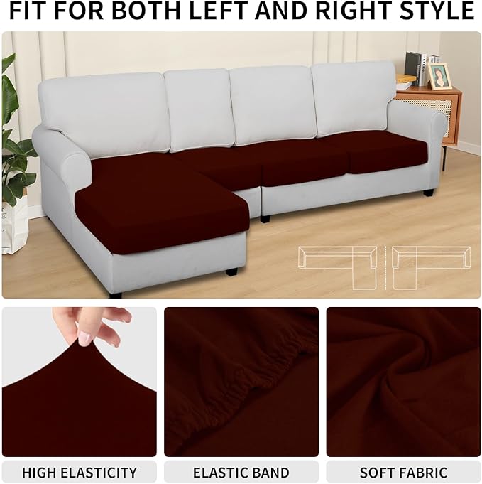 Easy-Going 100% Waterproof 4 Pieces Couch Cushion Covers for Sectional Sofa Left/Right L Shape Chaise Lounge Sofa Seat slipcover Anti-Slip Sofa Cover (3 Seater + 1 Chaise, Wine