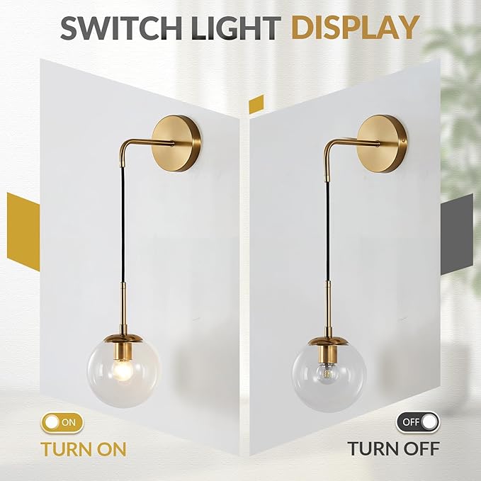 BOKT Mid Century Modern Globe Wall Sconce Lighting Brushed Brass Gold Bathroom Wall Lights Clear Bubble Glass Ball Wall Light Fixture Lamp Bedroom Bedside Wall Light (Gold+Clear)