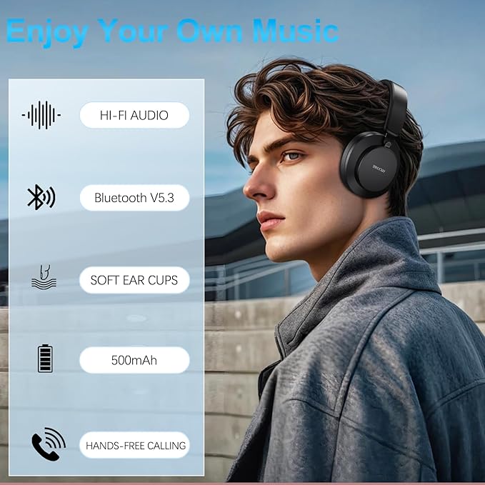 Over Ear Headphones Wireless Bluetooth, Noise Cancelling Headphones Bluetooth with Microphone, Cancelling Wireless Headphone Over Ear, 65h Playtime, Clear Calls, Comfort Fit For Travel (Black)