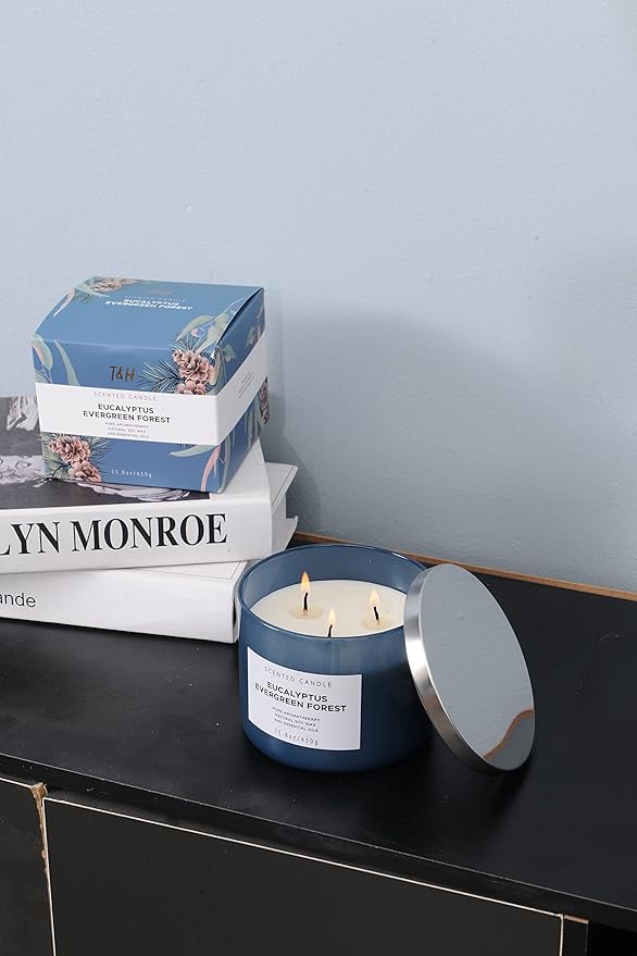 Eucalyptus Evergreen Forest 3 Wick Scented Candle | Luxury Soy Candles for Home | Relaxing Aromatherapy Stress Relief Candle 15.8 oz | Clean Burn Long Lasting Balsam Fir Woods Candles for Men & Women