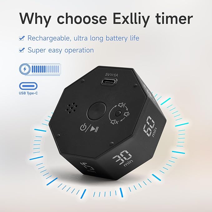 Visual Countdown Timer 1,3,5,15,30,60,90 Minutes Preset, Desk Productivity Cube w/Gravity Sensor for ADHD, Mute Functions, Ideal for Work, Study, Kitchen, Back to School (1, Black)