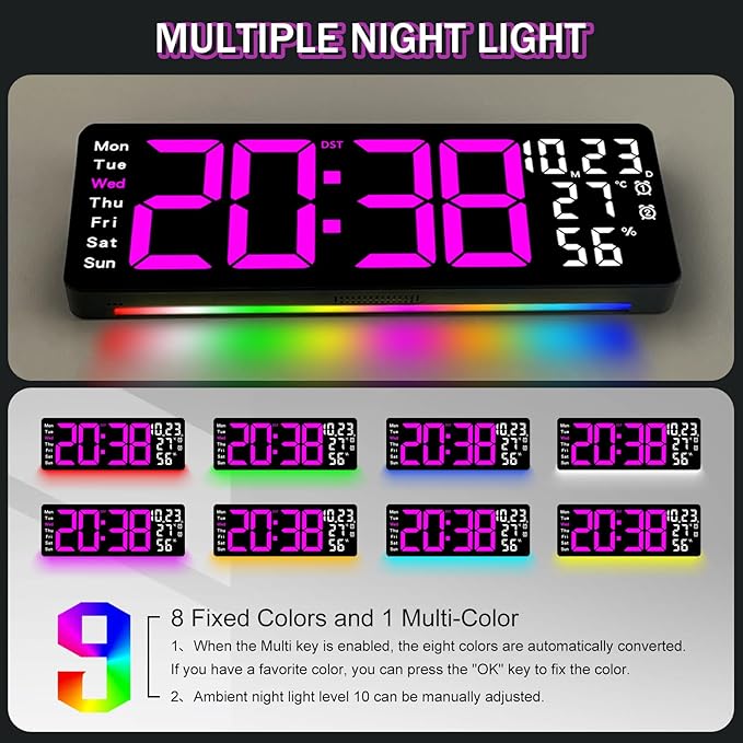 JoFomp 17.3" Large Digital Wall Clock, LED Digital Clock Large Display with Remote Control, Alarm Clock with Temp/DST/Dimmer/Humidity/Timer/Ambient Light - 12/24H, Alarm Wall Clock for Bedroom