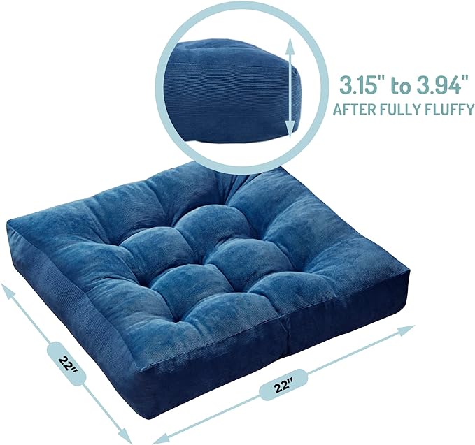 Degrees of Comfort Square Large Pillows Seating for Adults, Tufted Corduroy Floor Cushions for Living Room Tatami, Navy Blue, 22x22 Inch