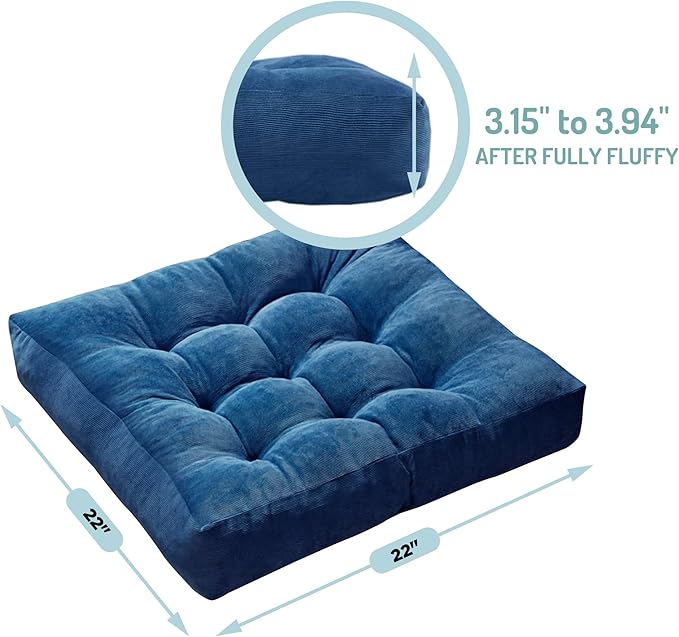Degrees of Comfort Floor Cushion 6 Pack for Meditation, Office & Classroom – Corduroy Soft Seating Set, 22 Inch, High-Density Foam, Square Shape, Navy