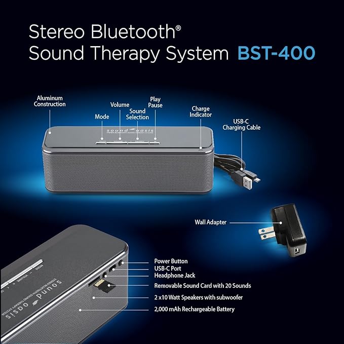 Sound Oasis Stereo Bluetooth Sound Machine for Sleep and Tinnitus Masking, 20 Non-Looping Soothing Sounds Plus Pink Noise, Hi-Fidelity Speakers, Portable Sound Therapy for Home, Baby, Office or Travel