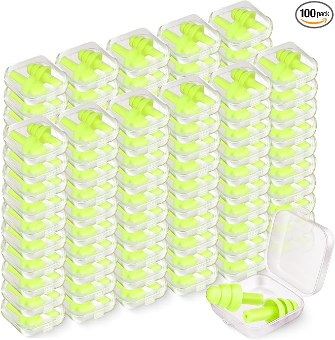 TrelaCo 100 Pairs Ear Plugs Bulk, NRR 29dB Reusable Silicone Ear Plugs with Plastic Cases Soft Foam for Sleeping Noise Cancelling for Concerts Shooting Swimming Noise Reduction(Neon Green)