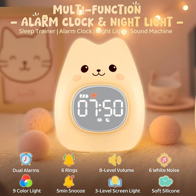 Cat Alarm Clock with Night Light for Kids with Sleep Training and Sound Machine, Rechargeable Silicone Lamp OK to Wake Clock，Cute Animal Tabletop Lamp, Perfect Sleep Companion for Boys Girls