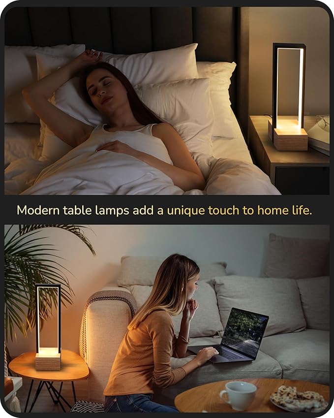 EDISHINE Modern Table Lamp, Dimmable LED Bedside Lamp with 3 Color Temps 3000K 4500K 6000K, Black Square Aluminum Frame, Complete Wooden Base, Nightstand Lamp for Bedroom