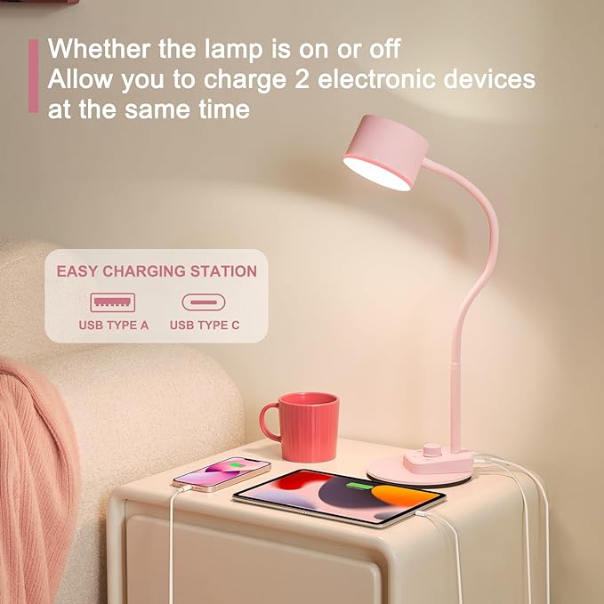 Cute Desk Lamp with USB C + A Charging Port, 5 Colors Dimmable Reading Lamps, Minimalist Pink Lamp for Kids, Eye Care Metal Bedside Table Lamp with Timer Flexible Gooseneck Desk Light for Home Office