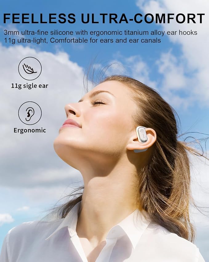 Open Ear Earbuds with 4-Mic, IPX5 Sweat Resistant Open Ear Earbuds Wireless Bluetooth 5.3, 30H Playtime Wireless Headphones with Earhooks, Lightweight for Running, White