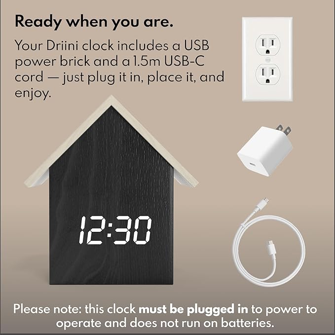 Driini Digital House Shaped Alarm Clock with Temperature Display (Dark Wood) – Modern Aesthetic with Cute Cube Frame and White LED Dimmer - Perfect Small Desk Clock for Bedside Table or Bedroom Mantle