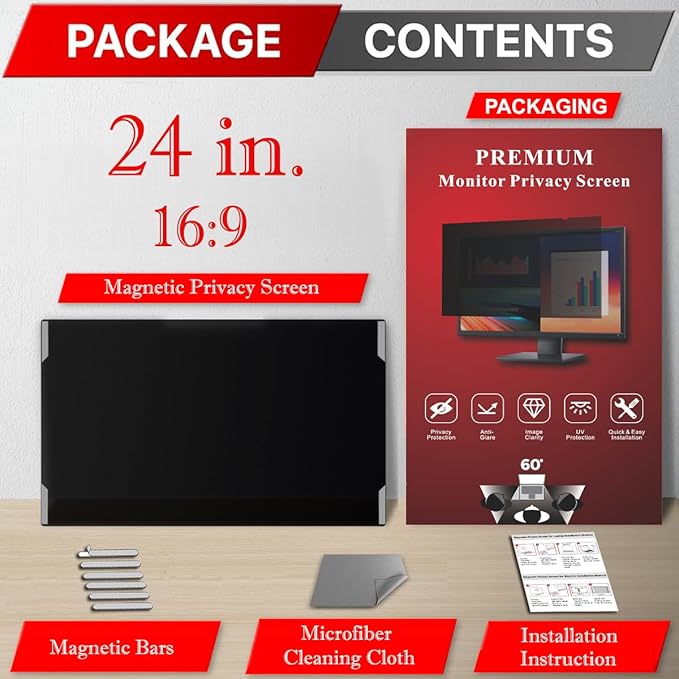 24 Inches Magnetic Computer Privacy Screen Filter | Privacy Shield | Anti Glare & Blue Light Filter | Eye Protection | Snap On | Widescreen 16:9 Edge-To-Edge Monitor Protector