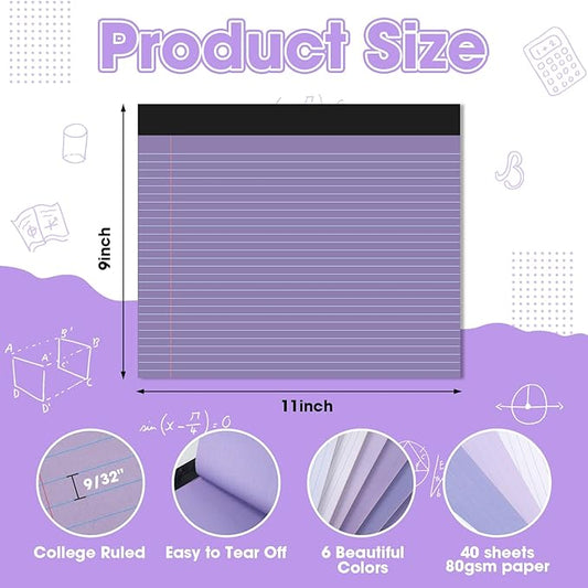 Lincia 6 Pcs 11" x 9.5" Legal Pads College Ruled Notepad Landscape Notebook Horizontal Lined Notebook 80 Gsm Assorted Colors Paper Pastel Writing Pads for School Office, 40 Sheet (Gradient Purple)
