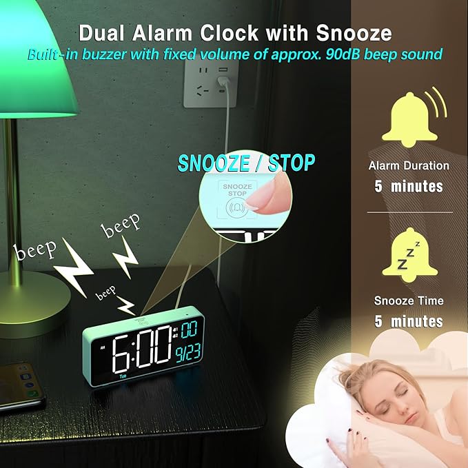 KOSUMOSU Digital Alarm Clock for Bedroom, 6.7in Desk Clock LED, Auto Dimming, Room Temperature, Day of The Week, Date, Seconds, Clocks for Living Room, Alarm Clocks for Bedrooms