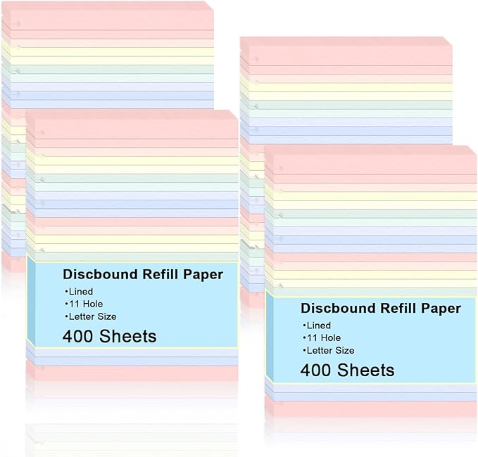 Letter Size Discbound Refill Paper 8.5'' X 11'' 400 Sheets 800 Pages Colored Discbound Planner Inserts 100GSM Lined Paper Refill Wide ruled for 11 Disc Notebooks Note-Taking