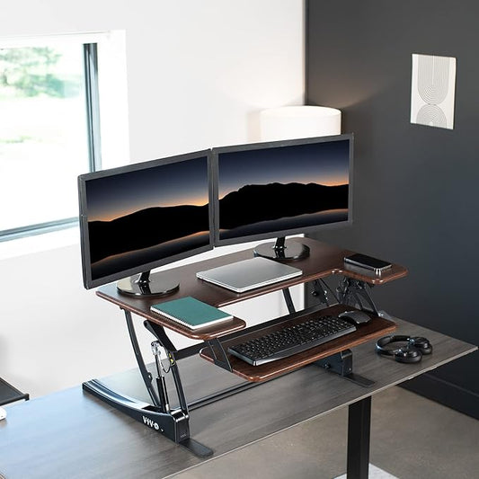 VIVO 36 inch Height Adjustable Stand Up Desk Converter, V Series, Quick Sit to Stand Tabletop Dual Monitor Riser Workstation, Dark Walnut Top, Black Frame, DESK-V000VD