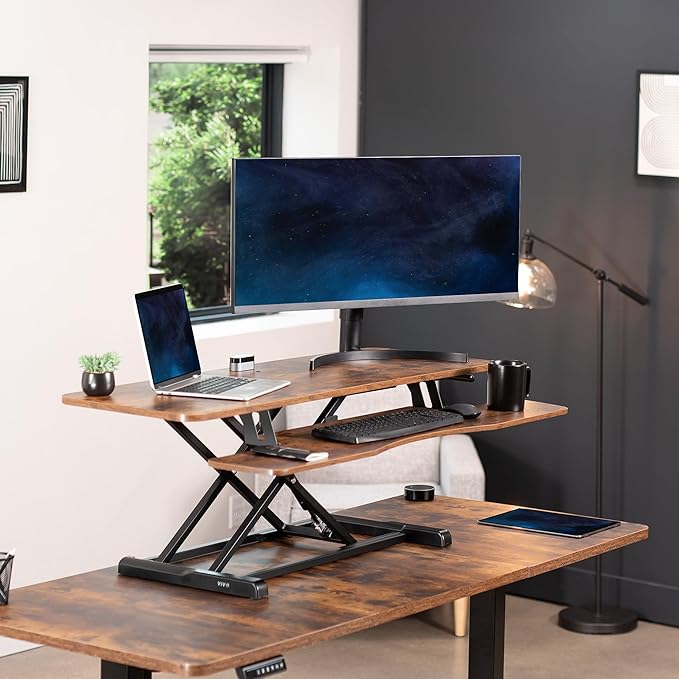 VIVO 48 inch Desk Converter, K Series, Height Adjustable Sit to Stand Riser, Dual Monitor and Laptop Workstation with Wide Keyboard Tray, Rustic Vintage Brown Top, Black Frame, DESK-V048KN