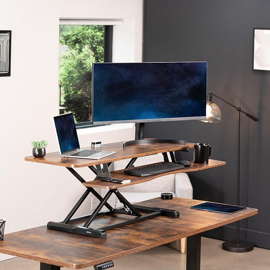 VIVO 48 inch Desk Converter, K Series, Height Adjustable Sit to Stand Riser, Dual Monitor and Laptop Workstation with Wide Keyboard Tray, Rustic Vintage Brown Top, Black Frame, DESK-V048KN