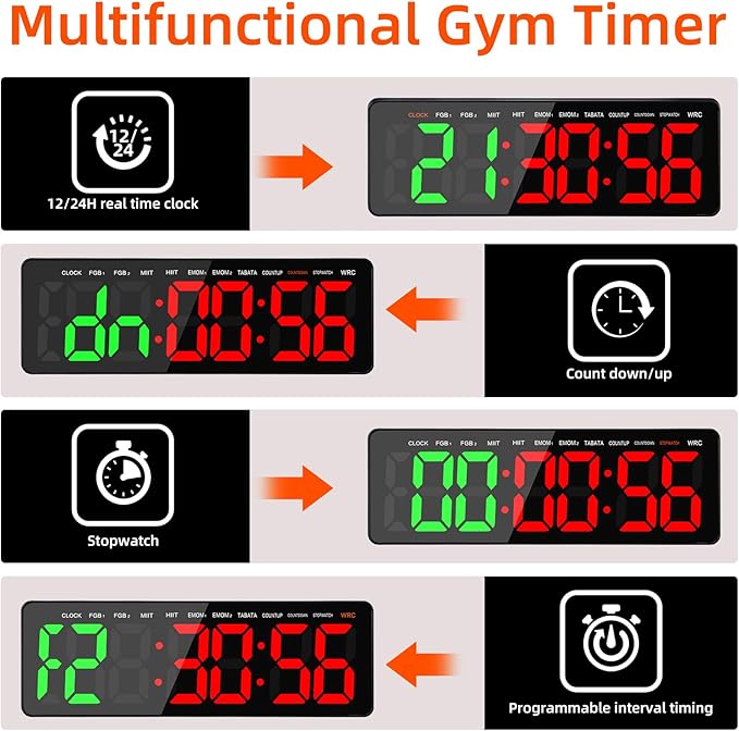 Gym Timer, 16.5" Large Digital Wall Clock for Gym Interval Workout, Remote Control LED Digital Timer for Home Decor, Living Room, Office, Gym, Classroom