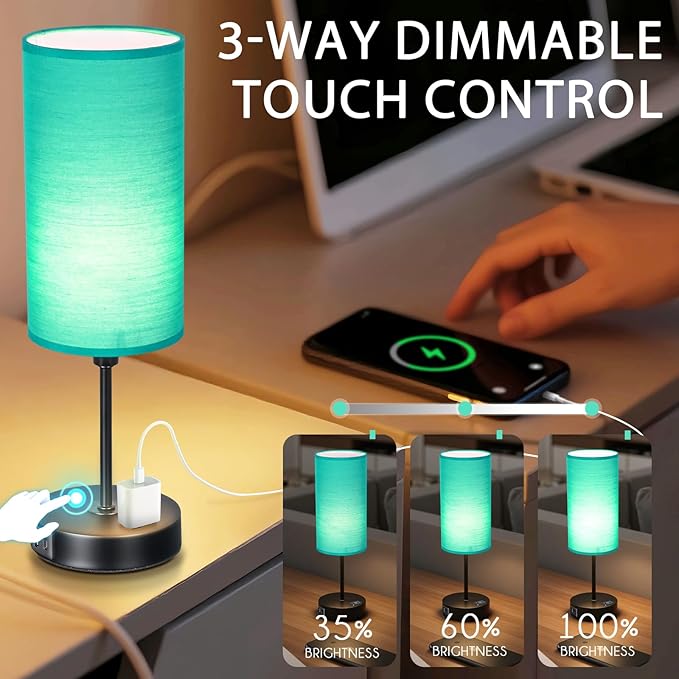 Table Lamp with USB Port - Desk Lamp, Green Touch Lamp, Bedside Lamps, 3 Way Dimmable Small Lamps for Bedroom, Nightstand, Nursery, Dorm, Home, Office, Black Base+ Green Lampshade