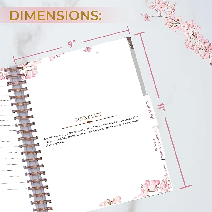 Beautiful Bridal Wedding Planner - 9" x 11" Wedding Planner Book and Organizer with 5 Tabbed Sections, 144 Pages, Countdown Calendar, Metal Corners and Elastic Band - Premium Engagement Gift for Future Brides