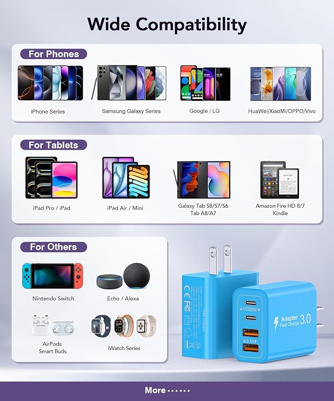 40W USB C Charger Block, 2-Pack 4-Port Type C Fast Charging Brick Dual PD&QC Wall Plug Adapter Power Brick for iPhone 16/15/14/13/12/Pro Max Plus/iPad/Airpods/iwatch/Samsung Galaxy (Light Blue)