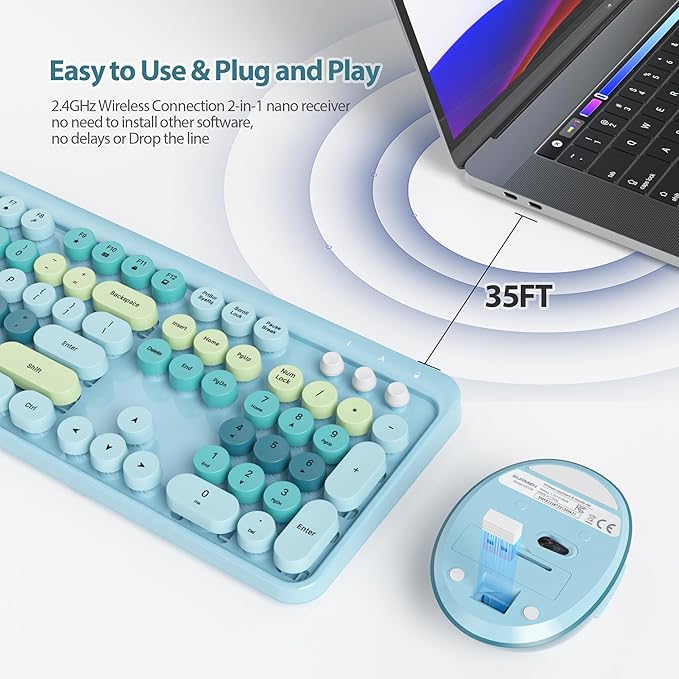 Fogruaden Blue Keyboard and Mouse Wireless, Retro Typewriter Keyboard, 2.4GHz 104 Keys Full Size Cute Keyboard with Number Pad, Blue Colorful Keyboard with Retro Round Keycaps for Windows PC Laptop