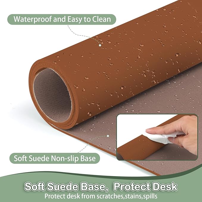 Boutilon Leather Desk Pad Protector,Non-Slip Mouse Pad,Laptop Desk Pad,Office Mouse Mat,Waterproof Leather Desk Blotter,Desk Writing Pad for Office and Home (S-Brown,24"x 14")