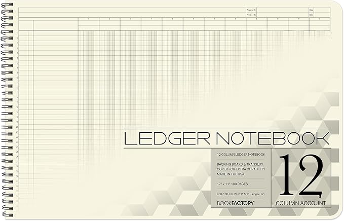 BookFactory Accounting Ledger Notebook/Large 12 Column Accounting Ledger Columnar (Twelve Columns) Log Book - 17'' x 11'', 100 Pages, Wire-O Landscape Format (LED-100-CLCW-PP(17x11-Ledger-12)-AX)