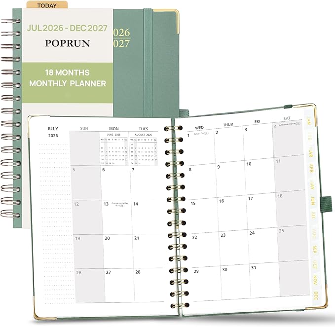 POPRUN Monthly Planner 2026-2027 Spiral Hardcover (6.25'' x 8.5''), 18 Months Calendar (Jan.2026-Jun.2027) - 2 Pages per Month with Dotted Note Pages, Sunday Start, Laminated Tab - Midnight Green