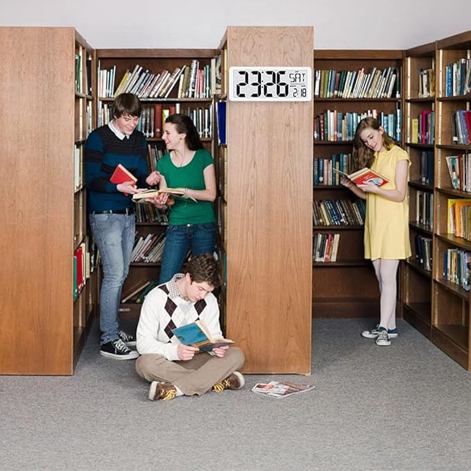 TXL 14.2" Large Digital Day Wall Clock, Custom 8 Languages Calendar, Count up-Down Timer and Temp Reminder, 12/24Hr Desktop Alarm Clock with Extra Large Display for Home Office Studio Hotel, White