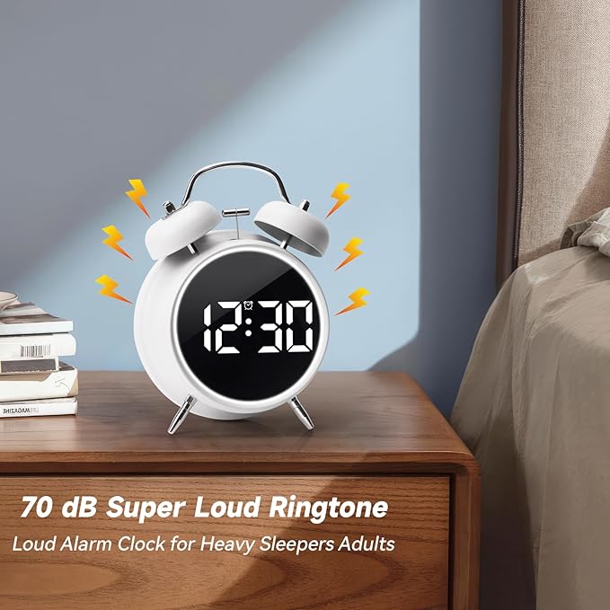 JUSTUP Digital Small Alarm Clock, 4.5 Inch Double Bell Electronic LED Alarm Clock, Plug in or Battery Operated Silent Metal Table Clock, Bedside Loud Bell Clock for Heavy Sleepers Adults Kids (White)