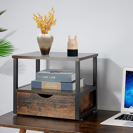 2 Tier Desktop Printer Stand,Printer Stand with Drawers,Printer Shelf for Top of Desk ，Multi-Purpose Desk Organizer for Home Office, Fit Fax Machine, Scanner,Rustic Brown