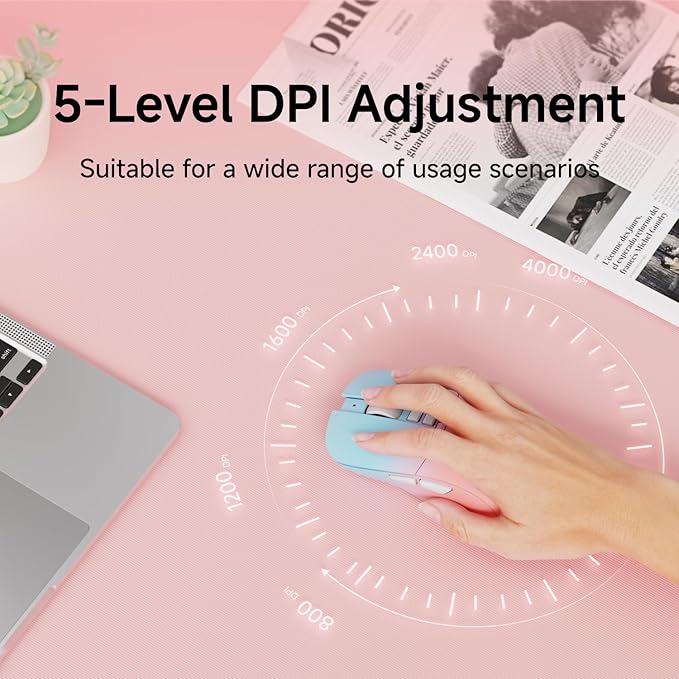 EWEADN G309 Wireless Computer Mouse,2.4G&Bluetooth Ergonomic Cordless Mice with 4000 DPI,5 Adjustment Levels,Cute and Portable Mouse for Laptops, PC and More,7 Buttons Office USB Mice-Blue&Pink