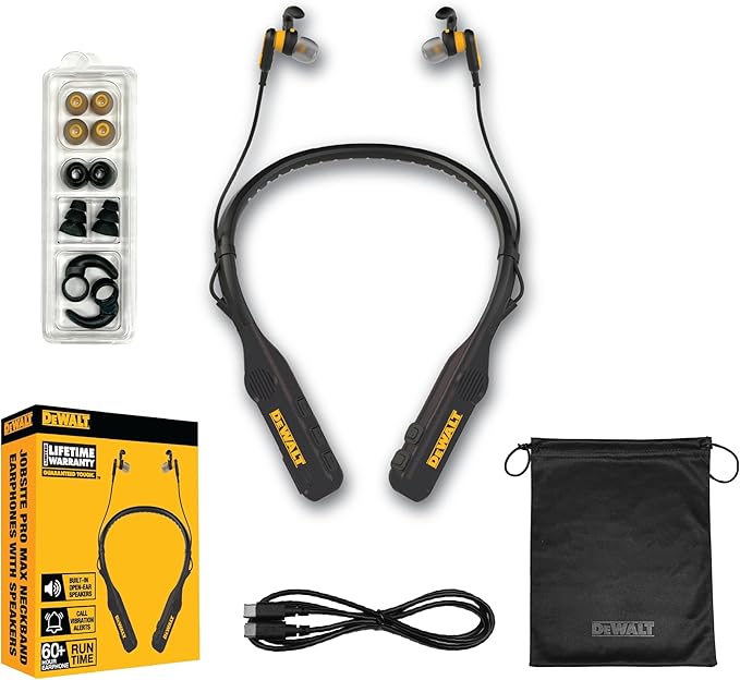 DEWALT Heavy Duty Black Edition 2-in-1 Neckband Bluetooth Headphones w/Built-in Speakers, Jobsite Wearable Speaker & Around Neck, Wireless Headset, 60+ Hrs Hands-Free Music & Calls, Carry Pouch